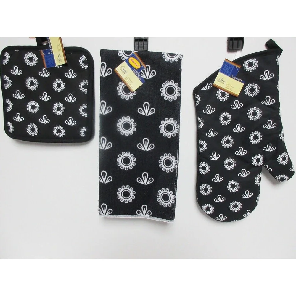 Black&White Kitchen Towel Set 1 Soft Dish Hand Drying Towel Oven Mitt &2 Pothold